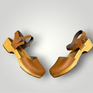 Brown Leather Mules with Ankle Strap
